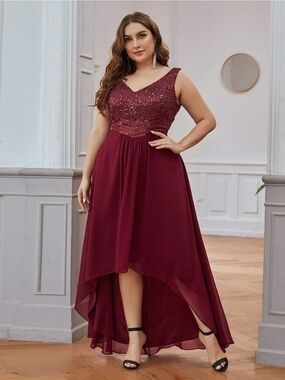 Ever Pretty Wine Burgundy Sequin V-Neck High-Low Dress